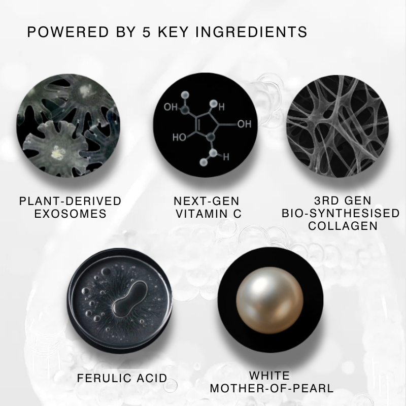 Exo C Booster key ingredients infographic featuring plant-derived exosomes, next-generation vitamin C, bio-synthesised collagen, ferulic acid and white mother-of-pearl.