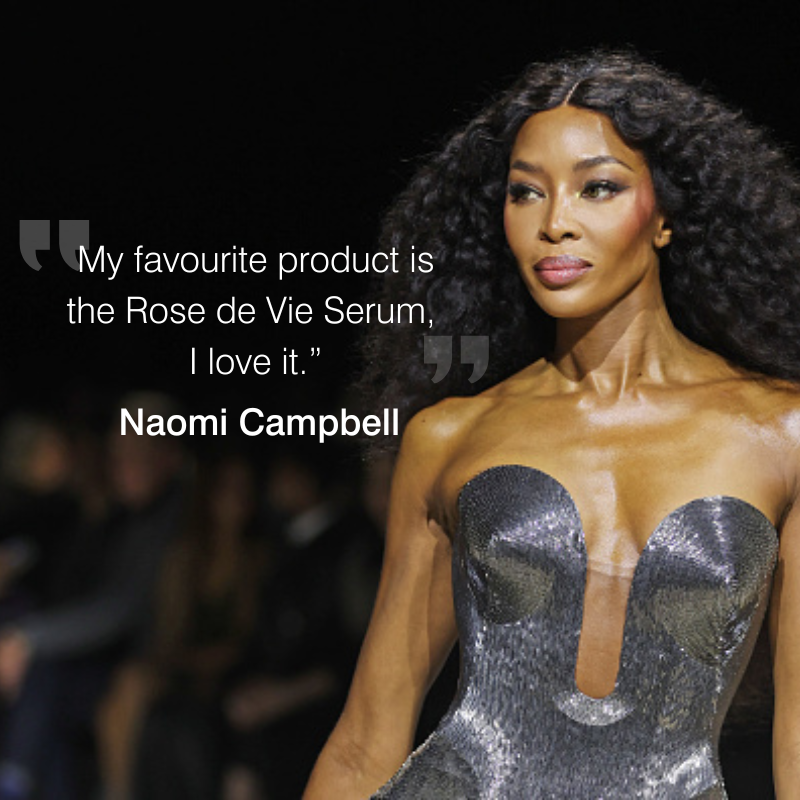 Naomi Campbell on runway with overlaid quote about Dr Sebagh Rose de Vie Serum on a promotional graphic.