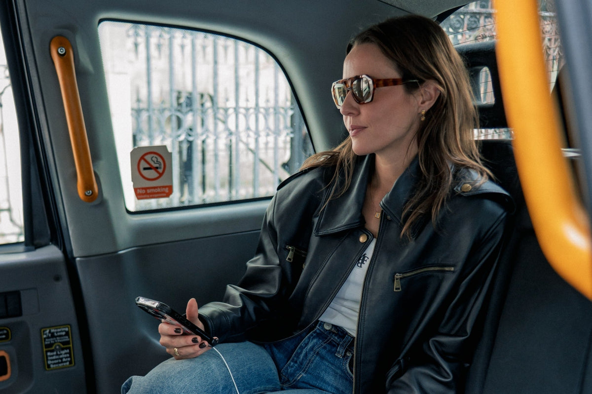 Fashion editor Chloe Street in a black cab between London Fashion Week shows