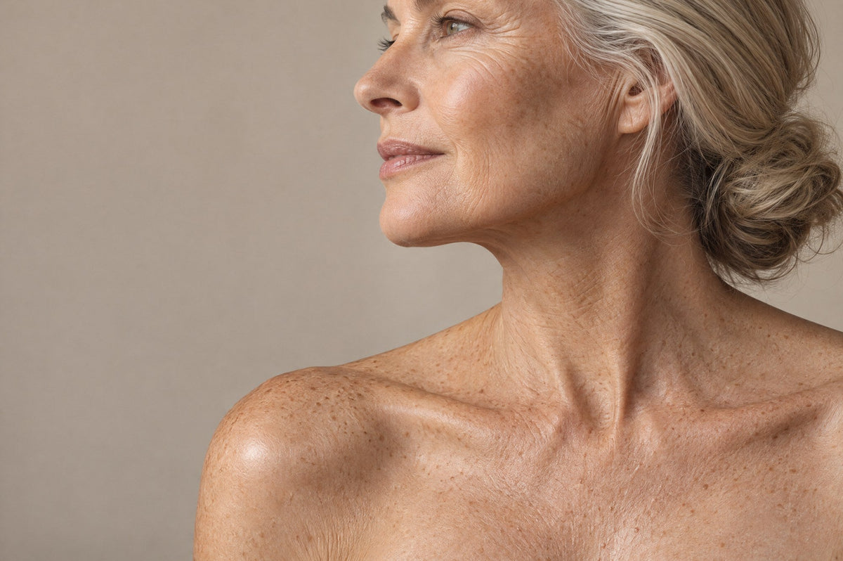 Mature woman in profile showing crepey skin texture on the neck, chest and shoulder