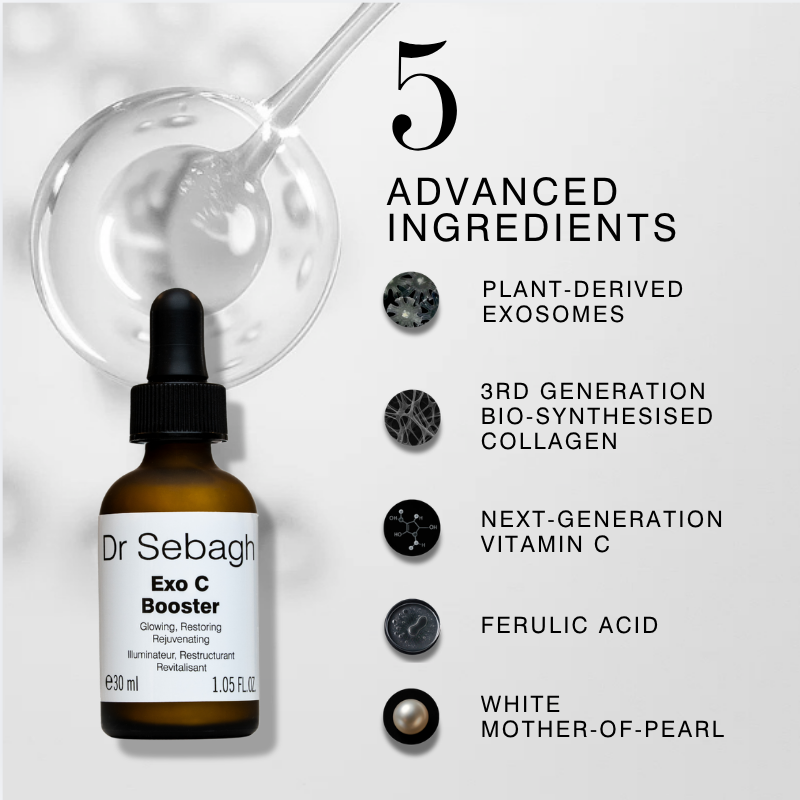 Dr Sebagh Exo C Booster with list of advanced ingredients on a light gray background