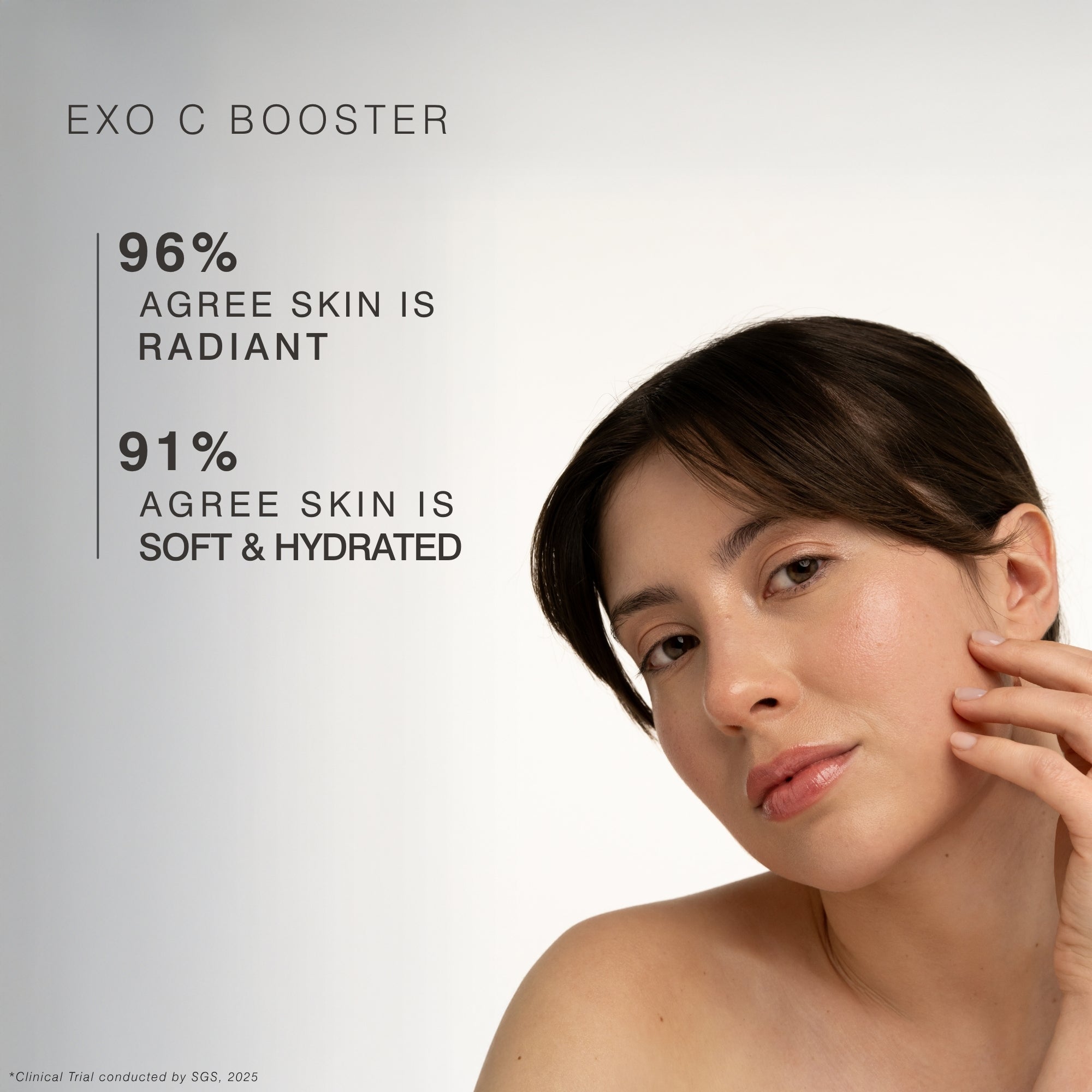 A promotional skincare graphic for EXO C Booster with text on the left reading '96% AGREE SKIN IS RADIANT' and '91% AGREE SKIN IS SOFT & HYDRATED,' alongside a close-up portrait of a woman on a light gray background.