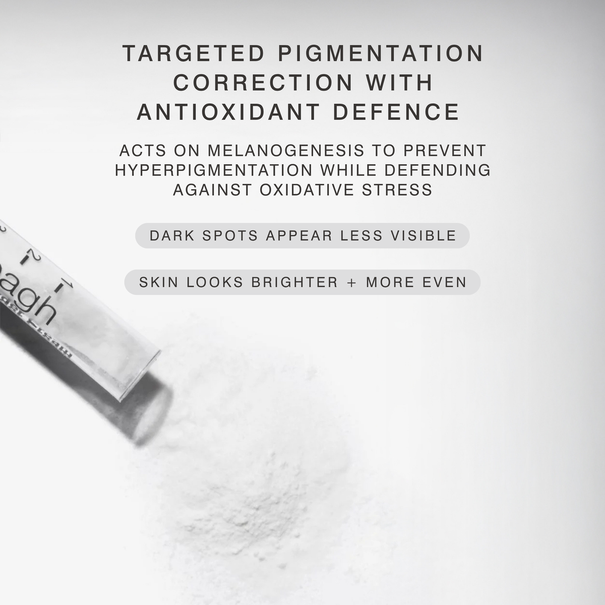 A close-up of Dr Sebagh Pure Vitamin C Powder Cream on its side with a small pile of white powder in front of it on a light gray background. Text above reads: 'TARGETED PIGMENTATION CORRECTION WITH ANTIOXIDANT DEFENCE' and additional benefit copy.