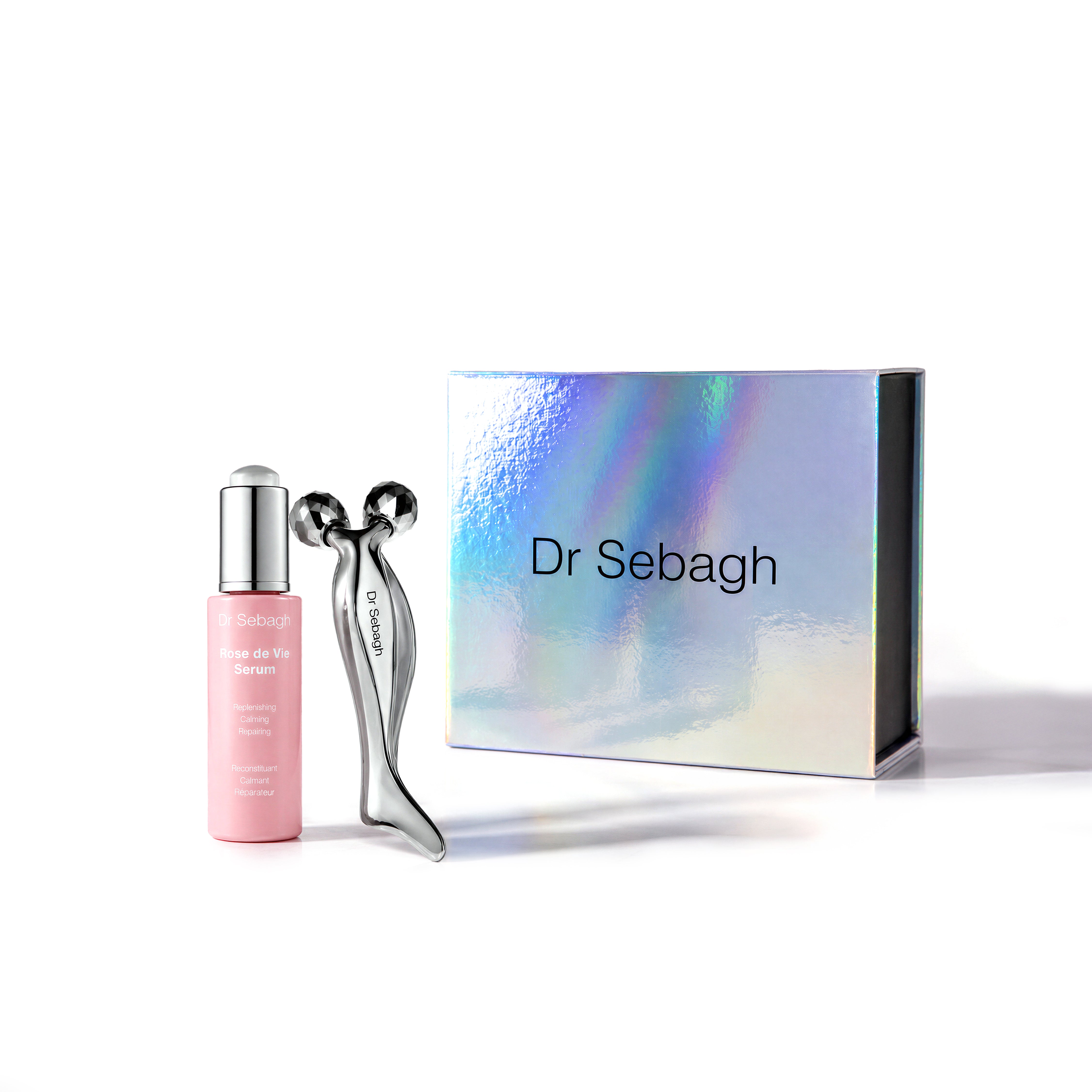 Dr Sebagh De-Puff Ritual including Rose de Vie Serum and Facial Sculpting Tool displayed on a white background