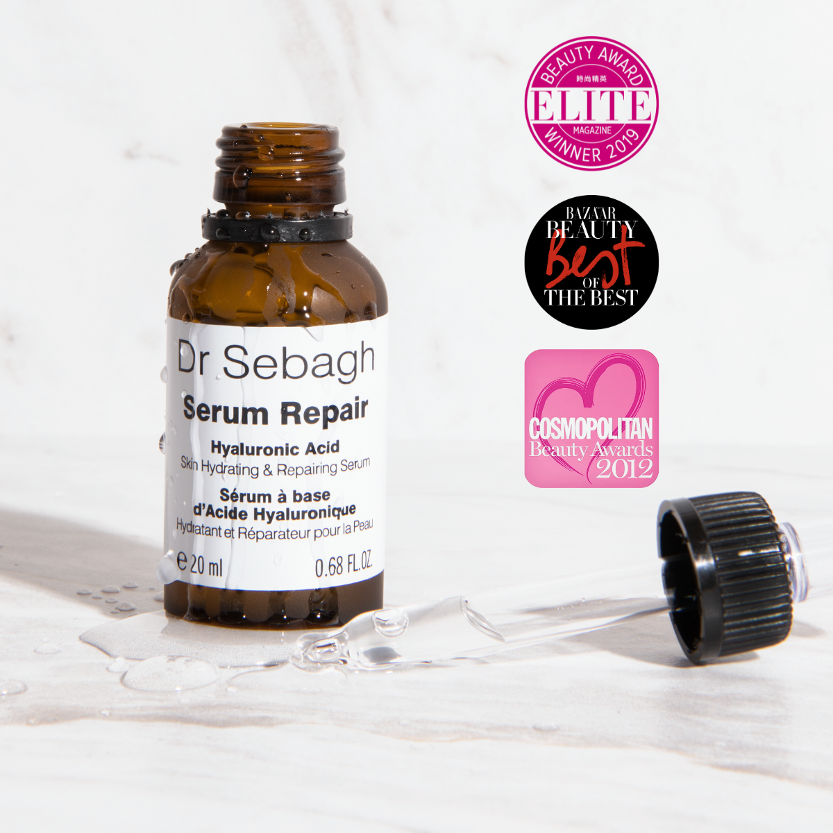 Product image of Dr Sebagh Serum Repair, a hyaluronic acid and peptide serum designed to hydrate, plump and repair skin with award badges
