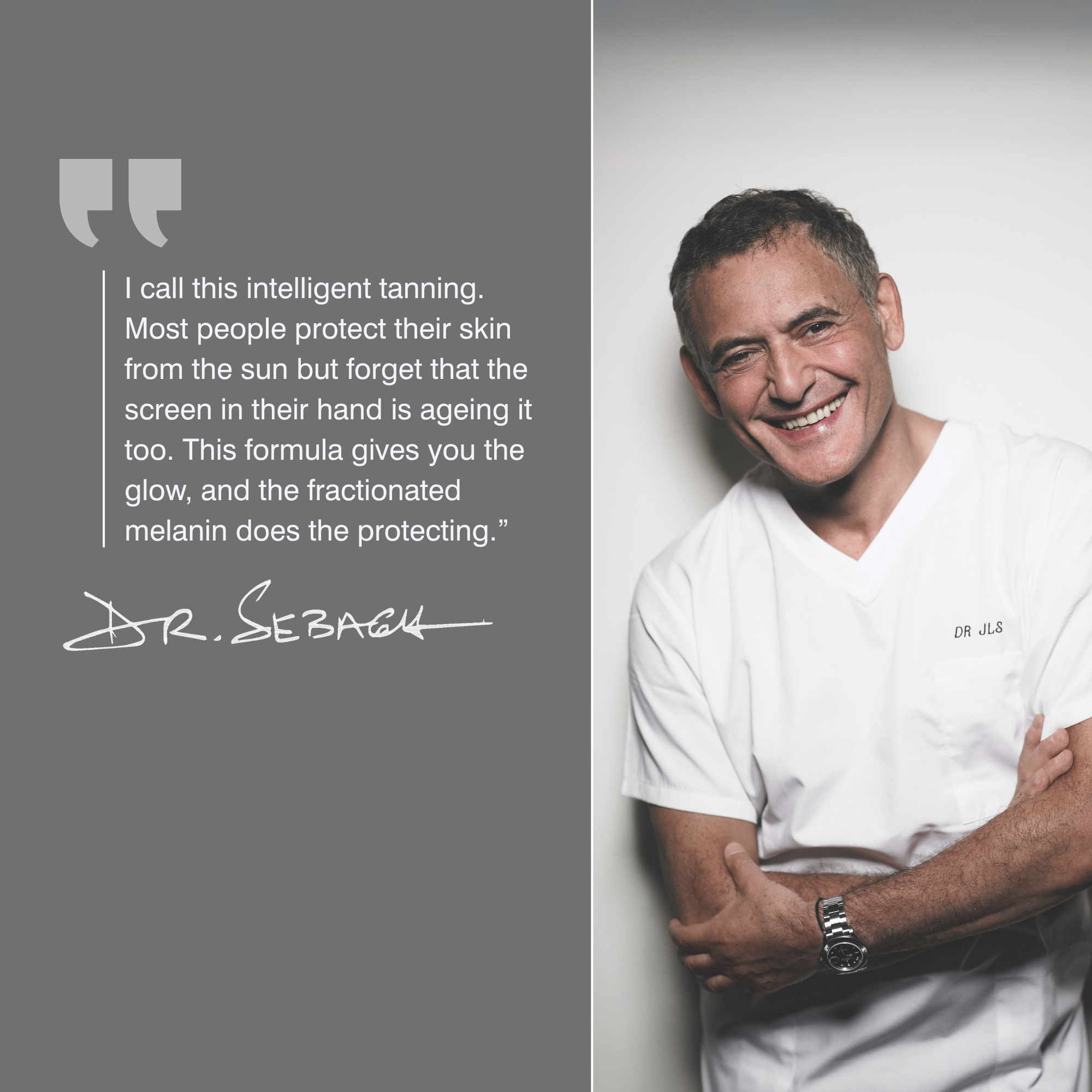 A promotional graphic split into two sections: the left side is dark gray with a quote about Self Tanning Drops and intelligent tanning and Dr Sebagh signature, and the right side shows Dr Sebagh in medical scrubs smiling. 