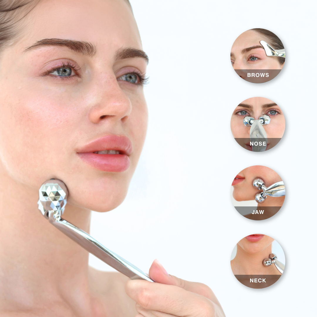 Woman using a skincare tool on her face with inset images showing tool application on different parts of the face.