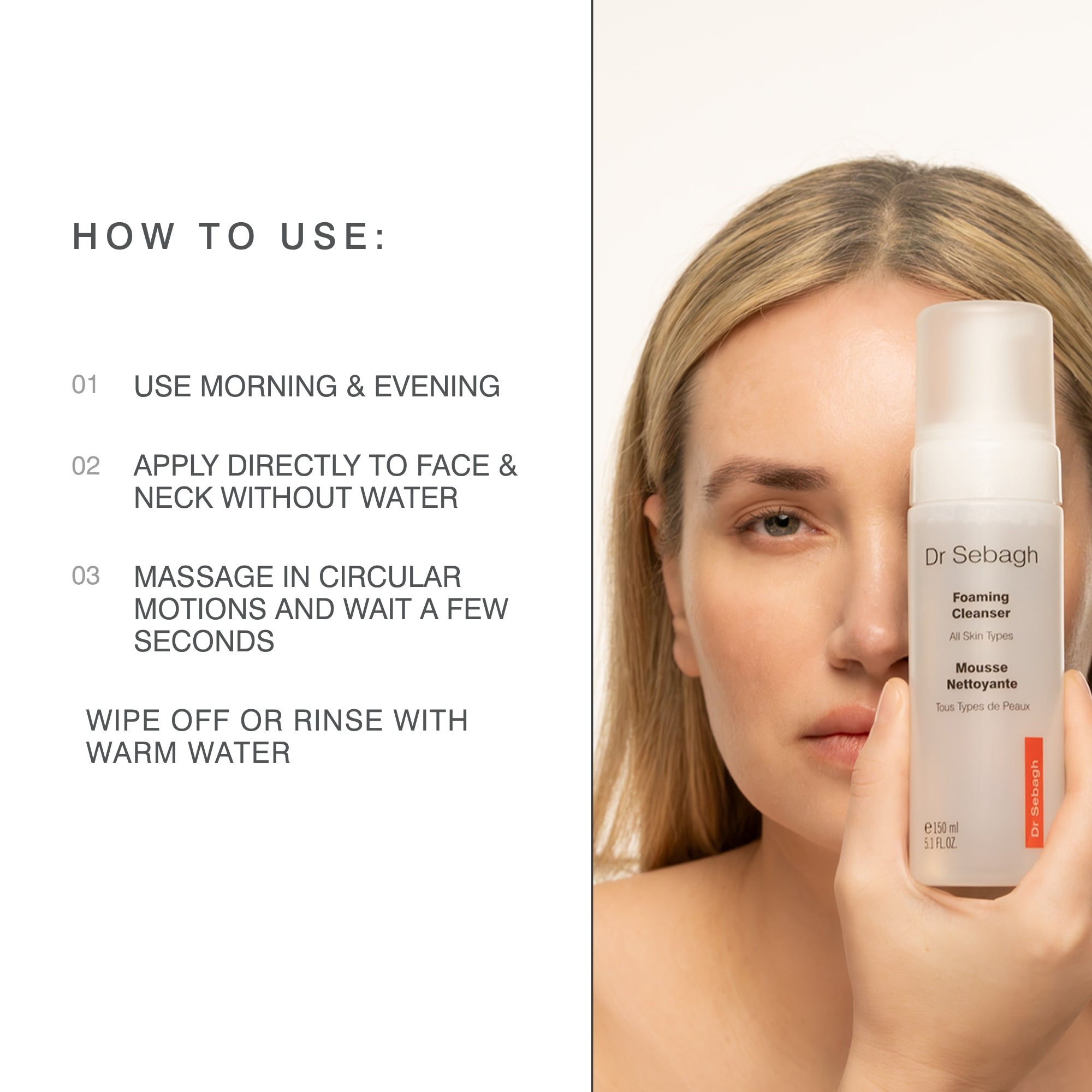 Dr Sebagh Foaming Cleanser product shown next to a model demonstrating how to use it.