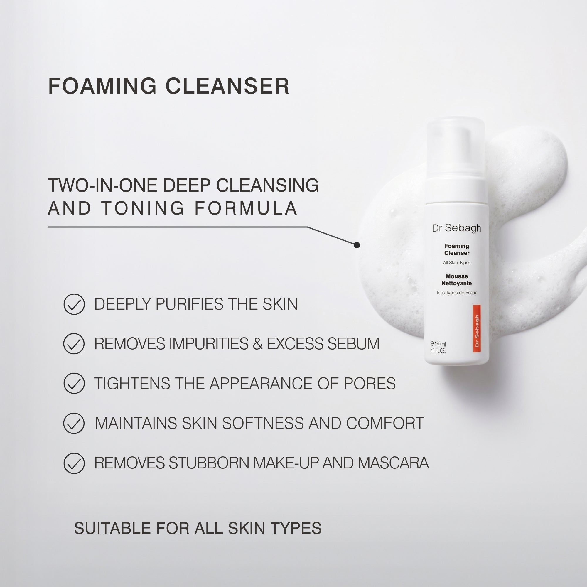 Dr Sebagh Foaming Cleanser bottle shown on a light gray background with a white foam swirl behind it and marketing text describing the two-in-one deep cleansing and toning formula.
