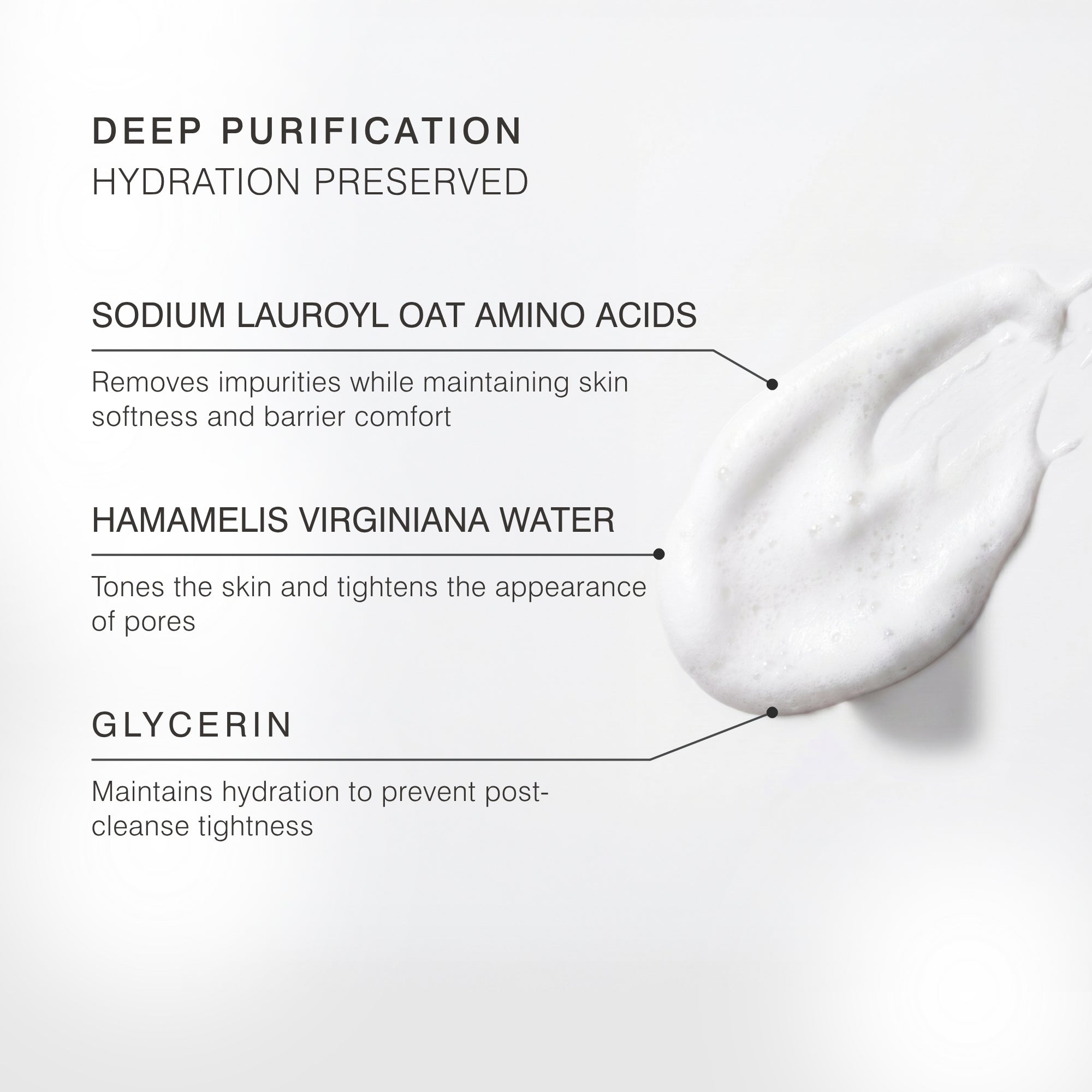 A promotional ingredient graphic for Dr Sebagh's Foaming Cleanser displayed with white foam texture smear on a light gray background with text callouts reading 'DEEP PURIFICATION HYDRATION PRESERVED' and ingredient benefits: sodium lauroyl oat amino acids, hamamelis virginiana water, and glycerin.