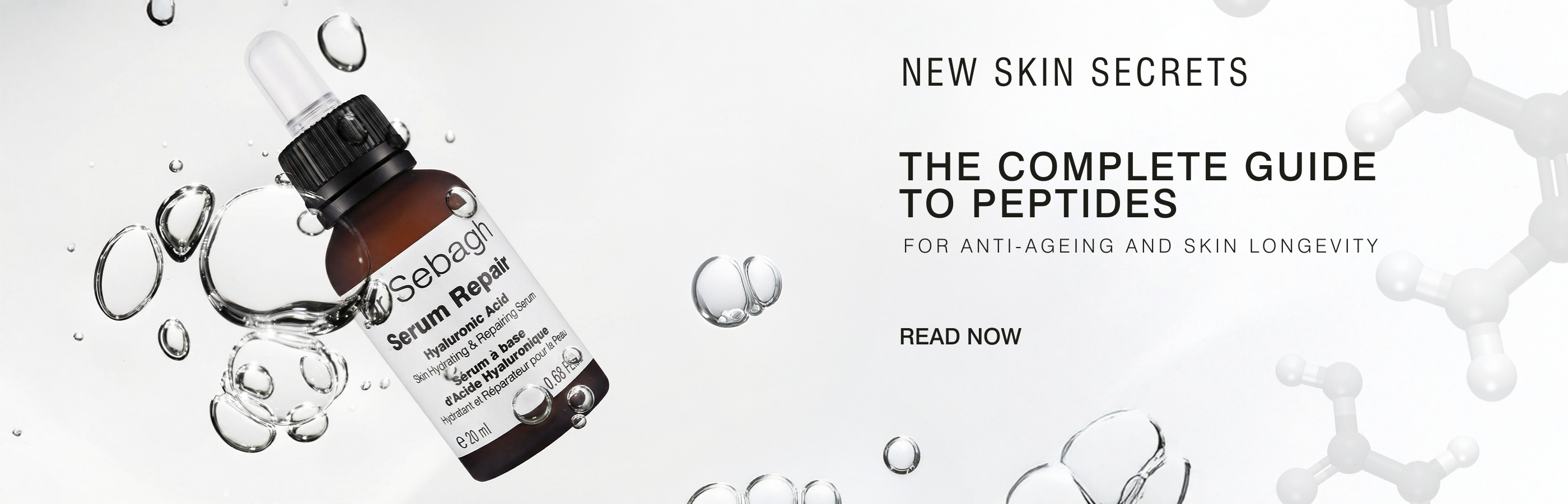 Peptides. Dr Sebagh Serum Repair hyaluronic acid dropper bottle surrounded by water droplets, hydrating and repairing skincare serum for plumper, smoother skin. 