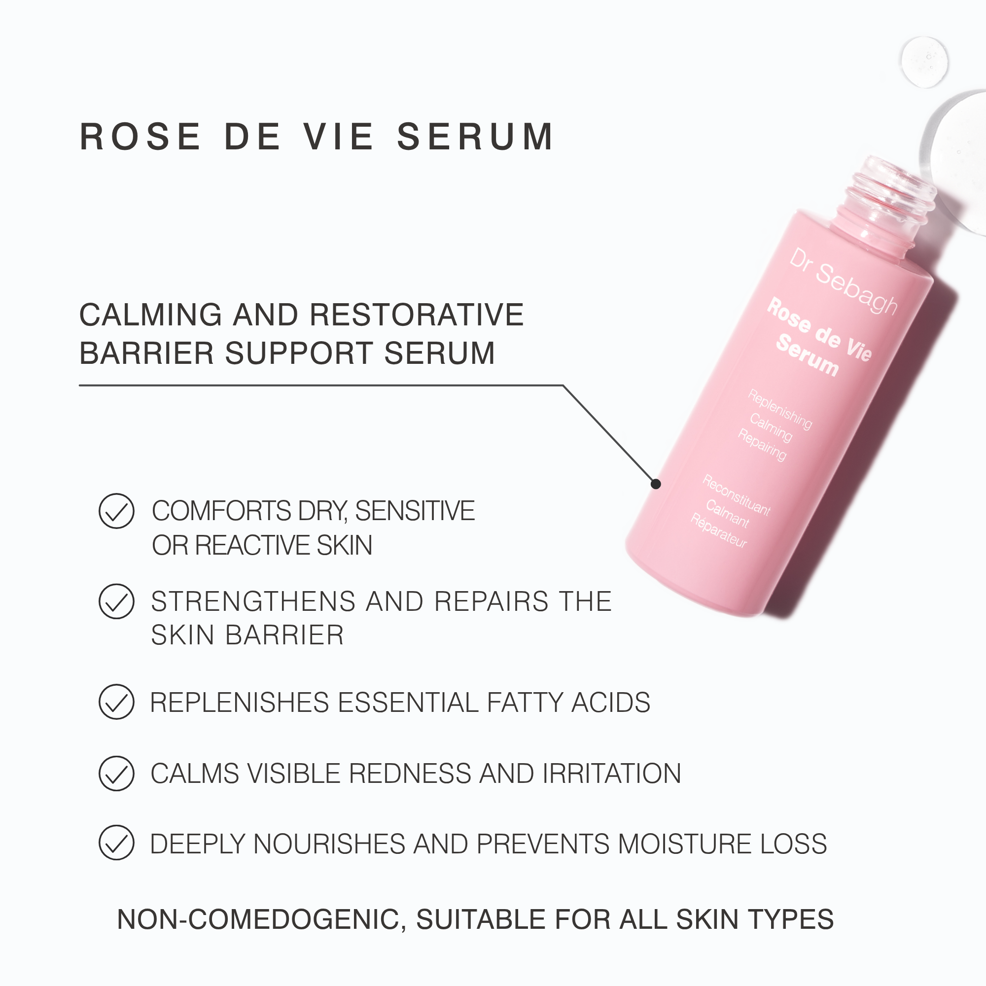 A pink bottle of Dr Sebagh Rose de Vie Serum shown on a white background with promotional text describing its calming and restorative barrier support benefits.