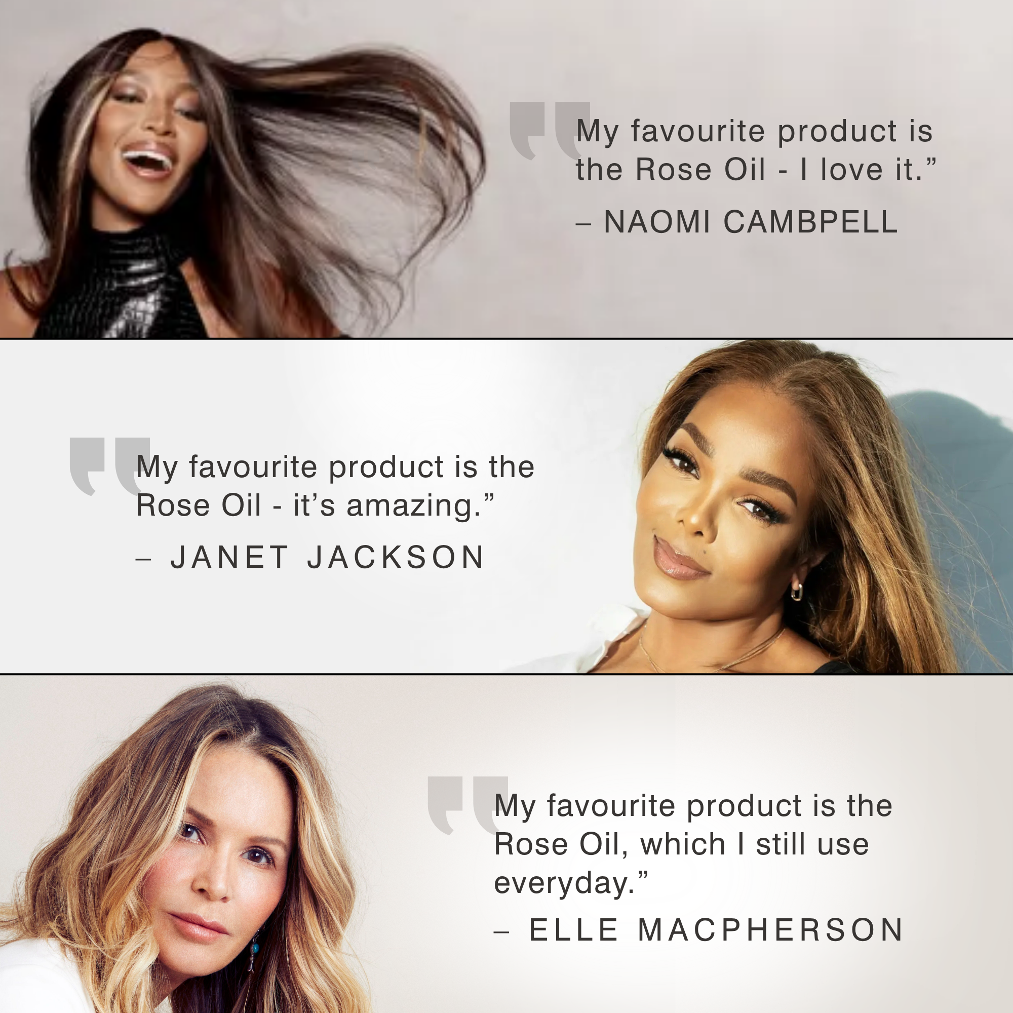A three-panel promotional graphic featuring quotes from Naomi Campbell, Janet Jackson, and Elle Macpherson about Dr Sebagh Rose de Vie Oil. Each panel shows a portrait of a woman with long hair against a light background, with a large quote text on the right and a faint quote mark icon on the left.