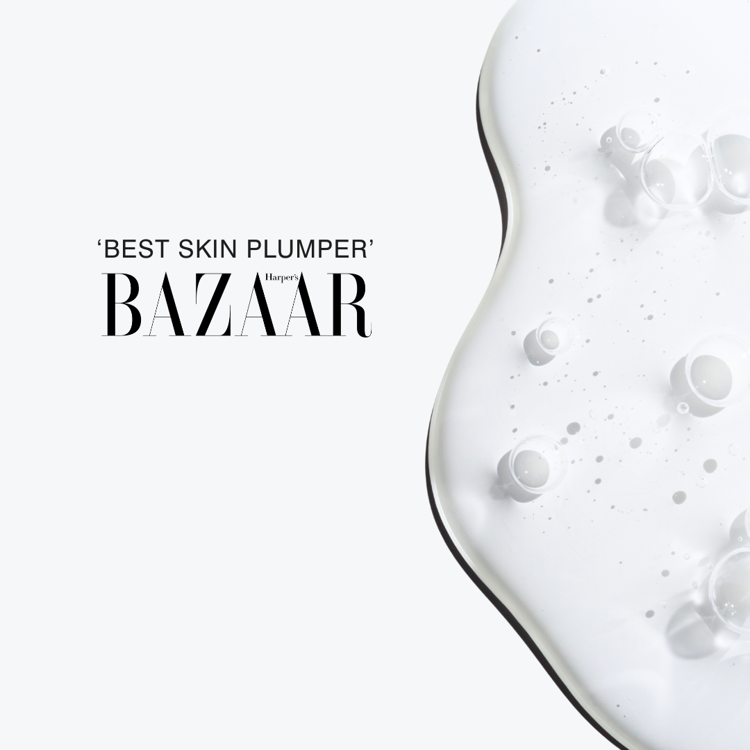 Hydrating serum texture with Harper’s Bazaar Best Skin Plumper award recognition, highlighting plumping and hydration benefits.