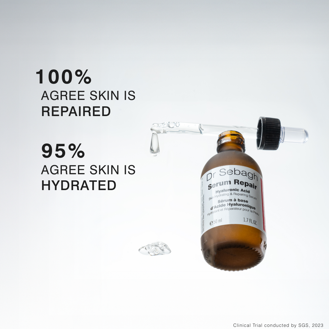 Dr Sebagh Professional Size Serum Repair with dropper, highlighting clinical results showing skin is repaired and hydrated.