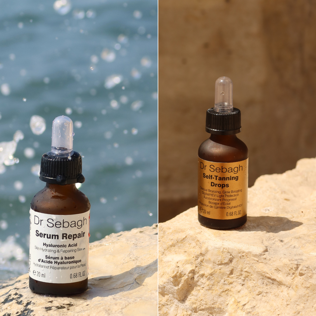 Two bottles of Dr  Sebagh skincare products on a natural background.