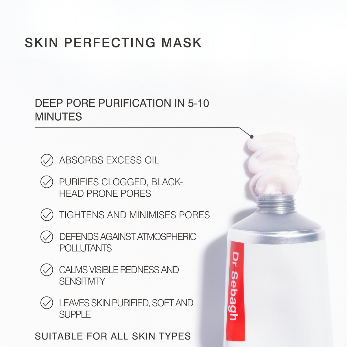 Promotional graphic for Dr Sebaghi Skin Perfecting Mask, featuring a close-up of the white and silver squeeze tube with a pink mask swirled on top, alongside a list of benefits on a clean white background.