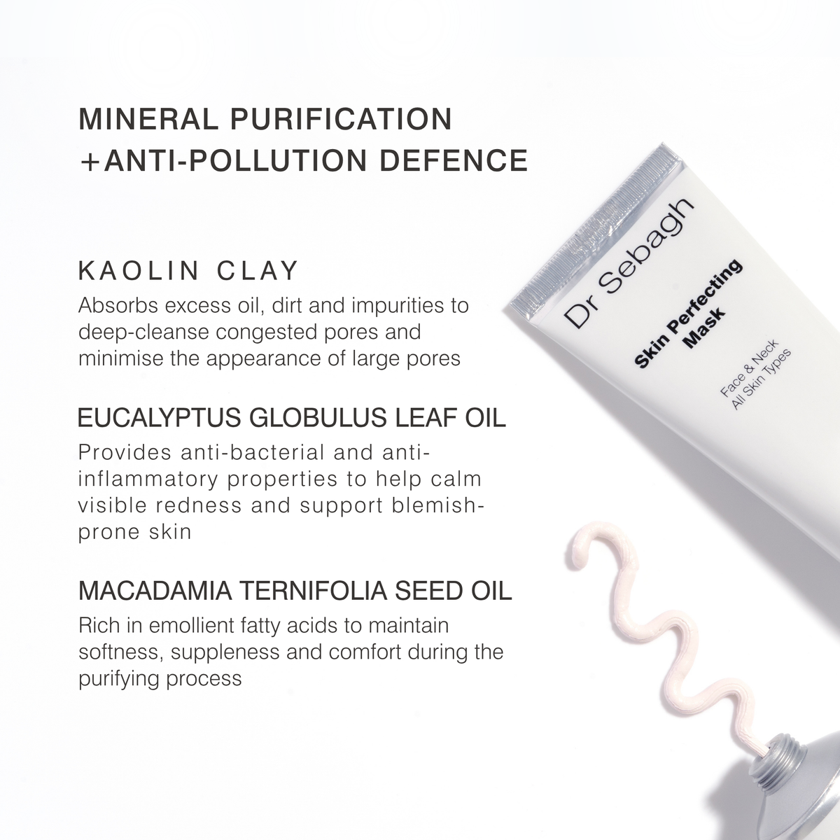 Dr Sebagh Kaolin Clay Skin Perfecting Mask tube shown on a white background with descriptive text about mineral purification, clay, eucalyptus oil, and macadamia seed oil, plus a squiggle of the white mask cream.