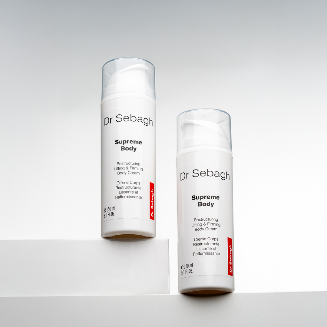 Dr Sebagh Supreme body moisturising lifting and firming body cream bottles on white background