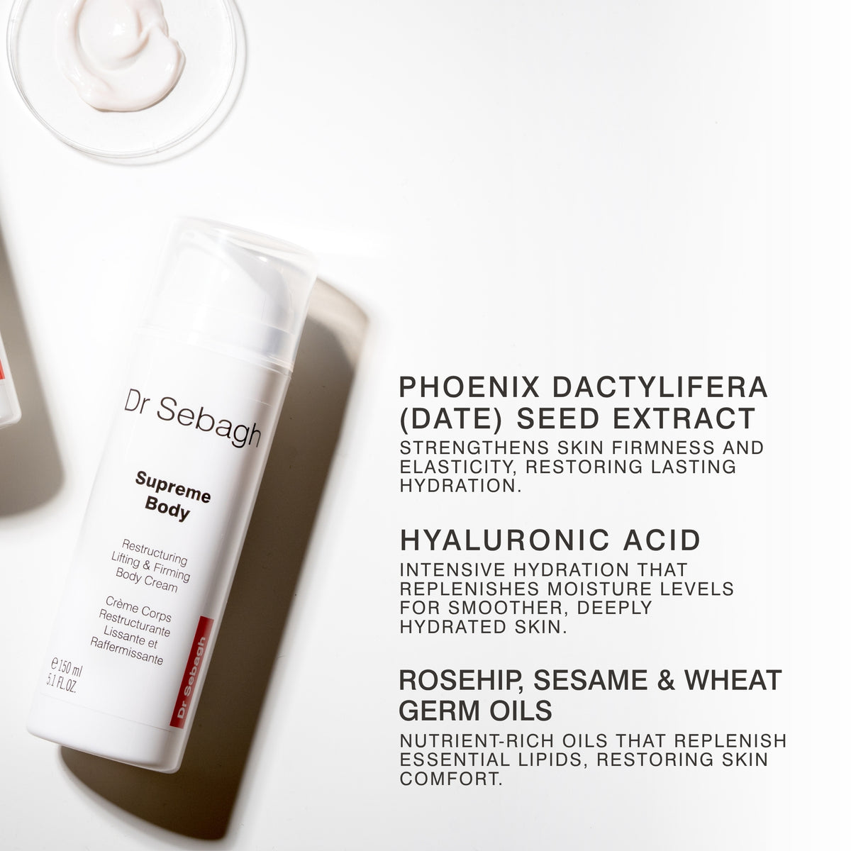 A white tube of Dr Sebagh Supreme Body Reconstructing & Firming Body Cream is shown on a clean white background with text callouts describing key ingredients and benefits.
