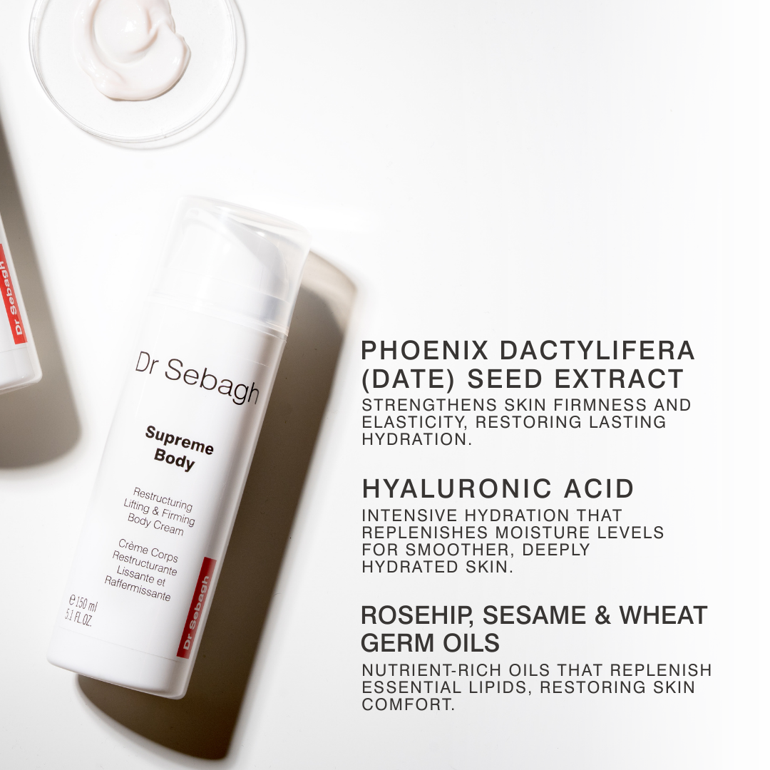 Dr Sebagh Supreme Body cream with key ingredients including hyaluronic acid and date seed extract