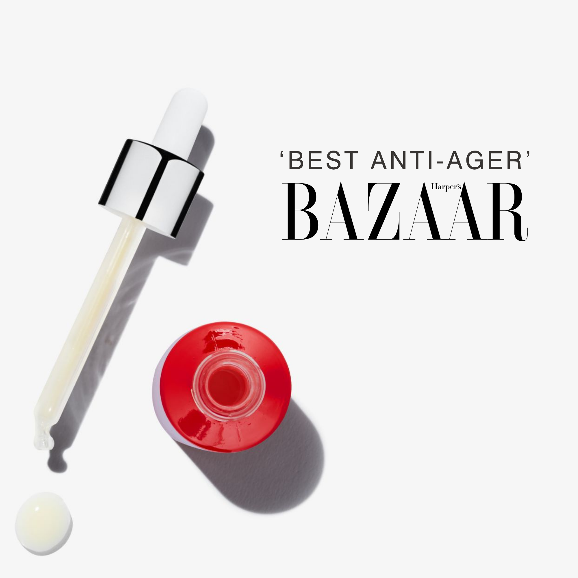 A Dr Sebagh Supreme Maintenance Youth Serum  with a white cap and clear pipette, shown next to an open red bottle and a small drop of cream on a white background, with the text Awarded: 'BEST ANTI-AGER' by Harper's BAZAAR  printed beside it.