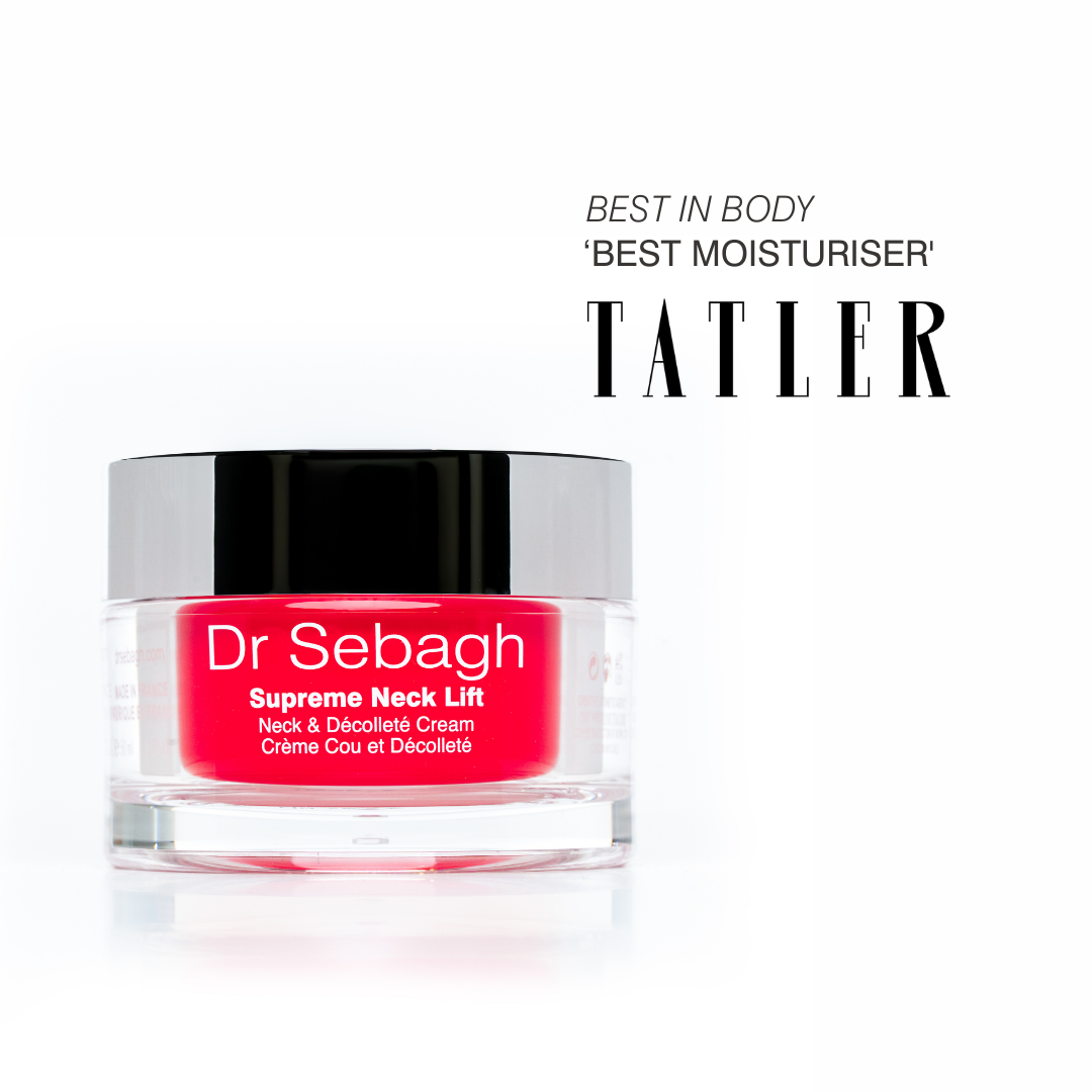 Dr Sebagh Supreme Neck Lift cream jar with red label on a white background, featuring Tatler's 'Best Moisturizer' award text.