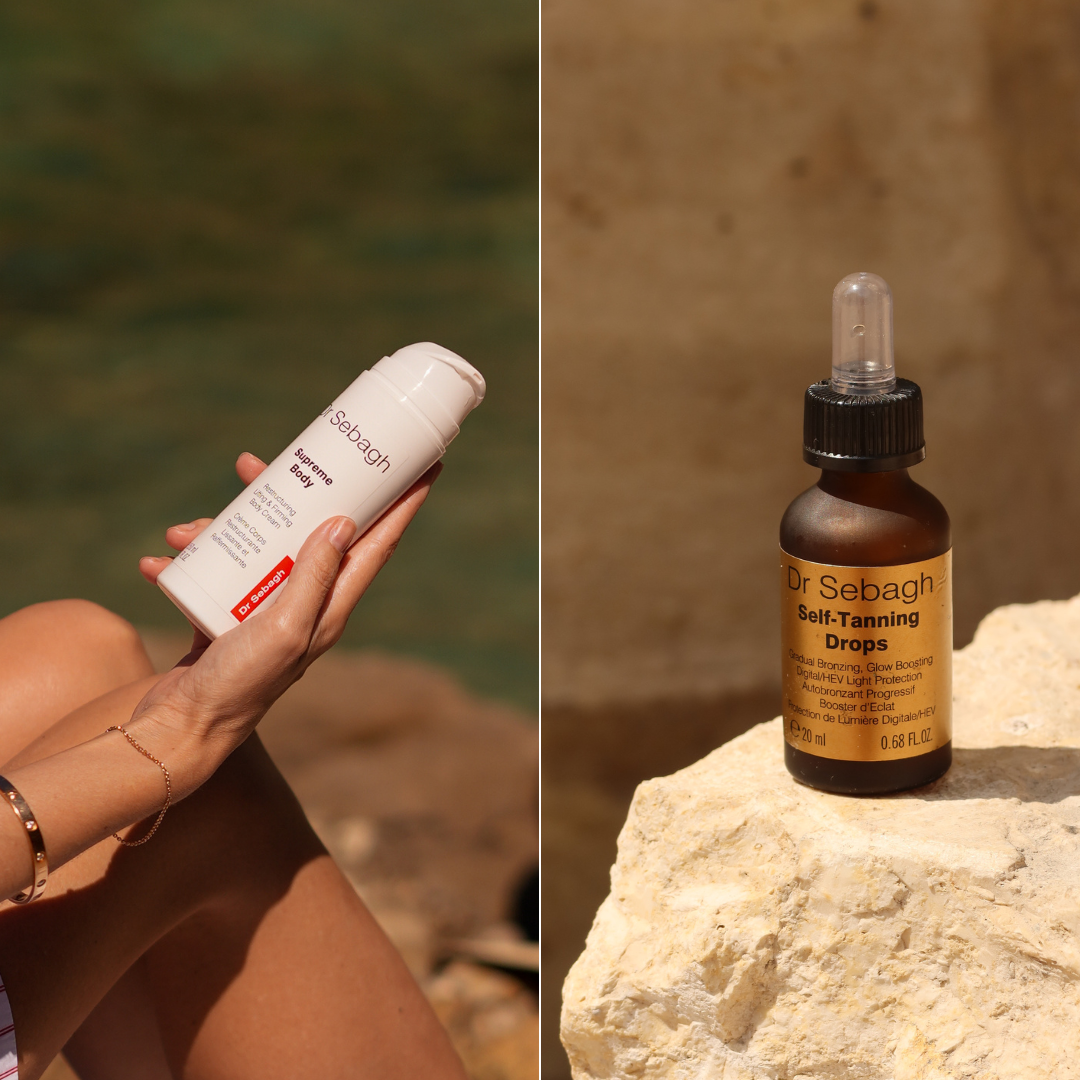 Dr Sebagh Supreme Body & self-tanning drops product on a rock with a natural background
