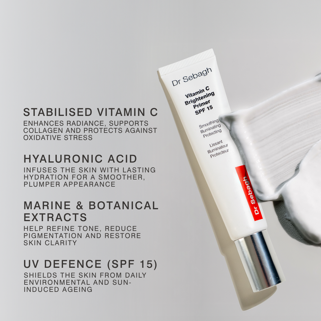 Key active ingredients in Dr Sebagh Vitamin C Brightening Primer SPF 15, including vitamin C, hyaluronic acid and SPF