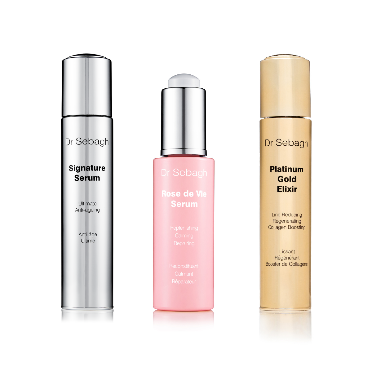 Dr Sebagh Signature Serum Collection - Premium professional serum bundle featuring Signature Serum, Platinum Gold Elixir, and Rose de Vie Serum