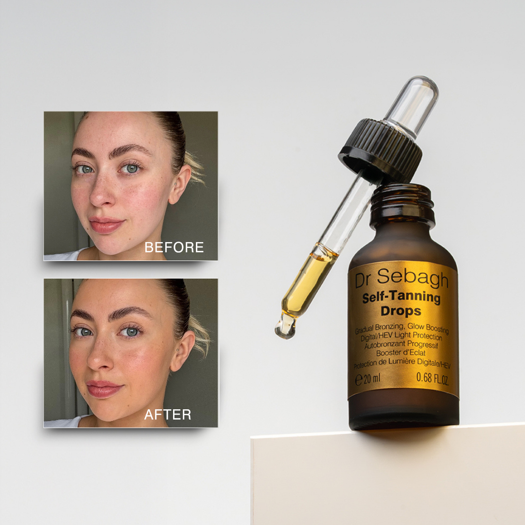 Dr Sebagh self-tanning drops with a dropper and 'Before' and 'After' skin comparison on a light gray background.