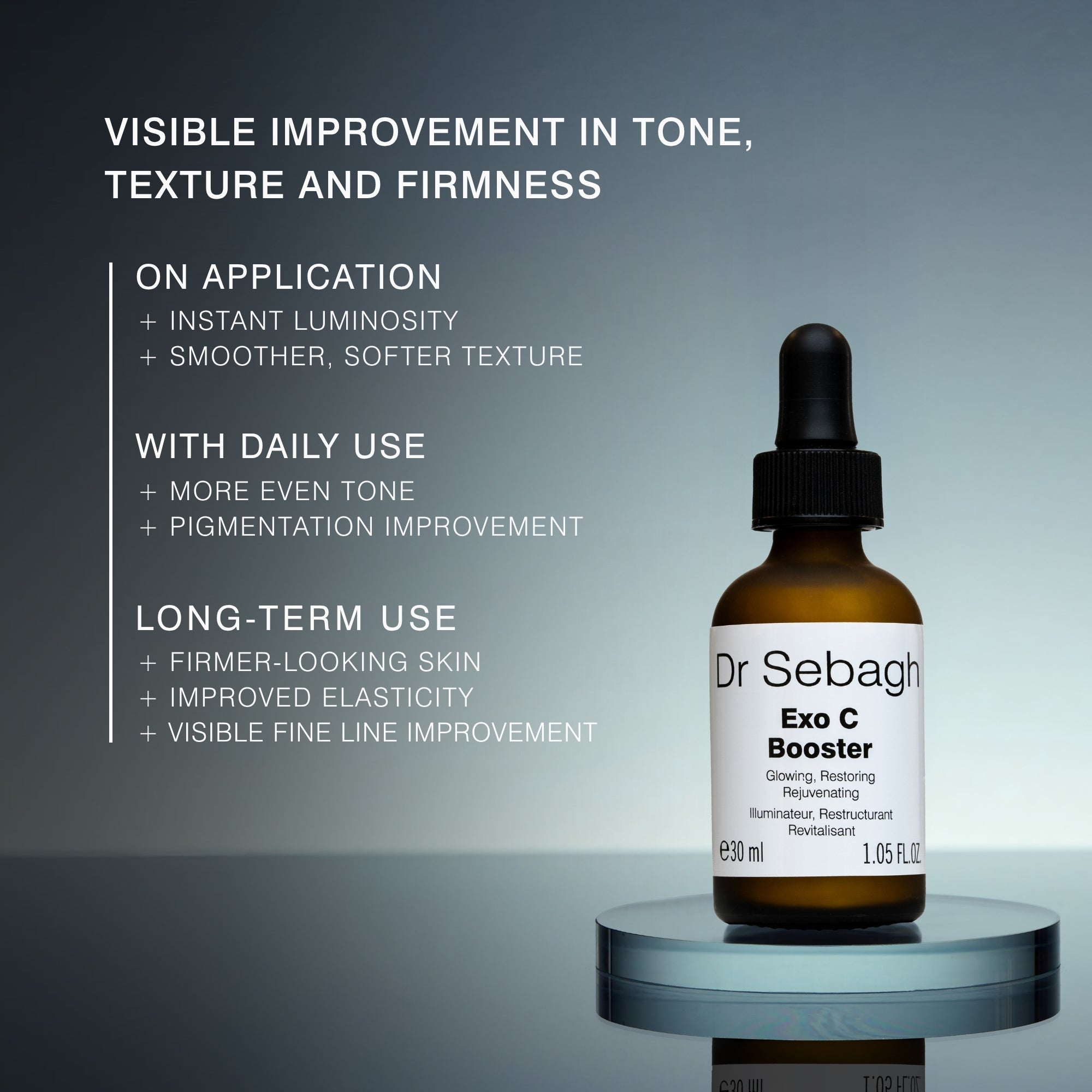 Dr Sebagh Exo C Booster skincare serum in a glass dropper bottle, displayed on a reflective glass pedestal against a dark blue-gray gradient background. The left side features white text detailing the visible improvements in tone, texture, and firmness with daily use.