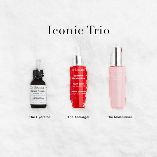 Dr Sebagh Iconic Trio on snow: Serum Repair the hydrator, Supreme Maintenance Youth Serum the anti-ager and Rose de Vie Serum the moisturiser