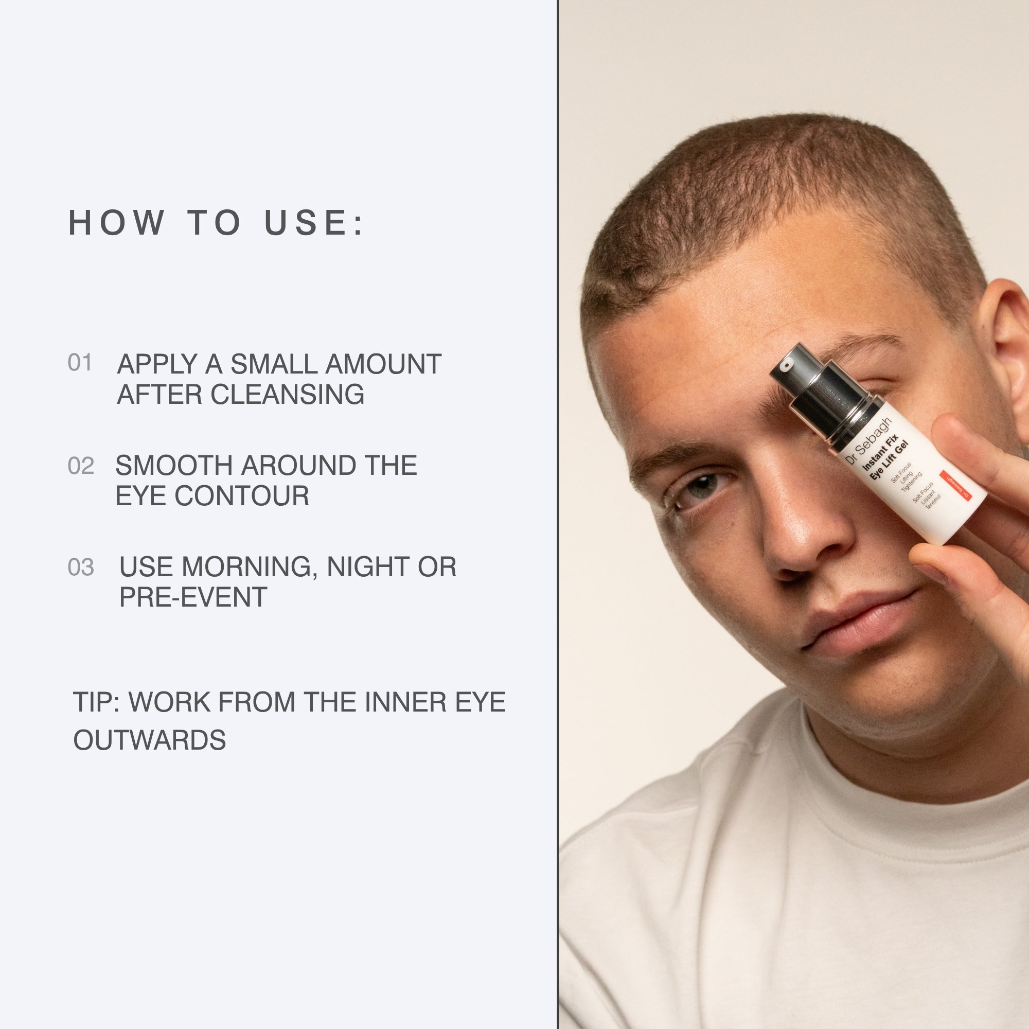 A infographic detailing how to use Dr Sebagh's Instant Fix Eye Lift Gel. 