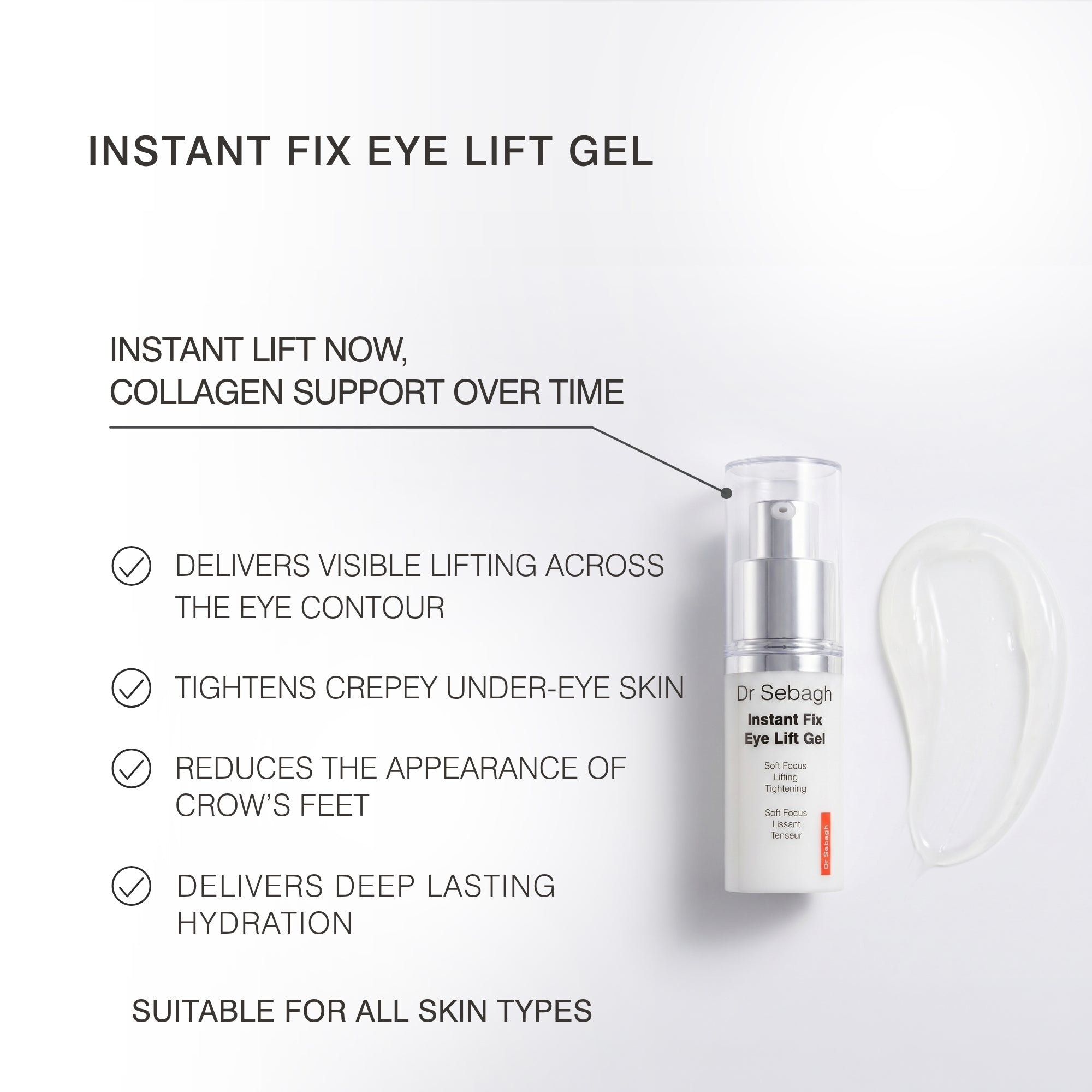 Instant Fix Eye Lift Gel's infographic detailing product benefits, including visible lifting, tightening and deep hydration. 