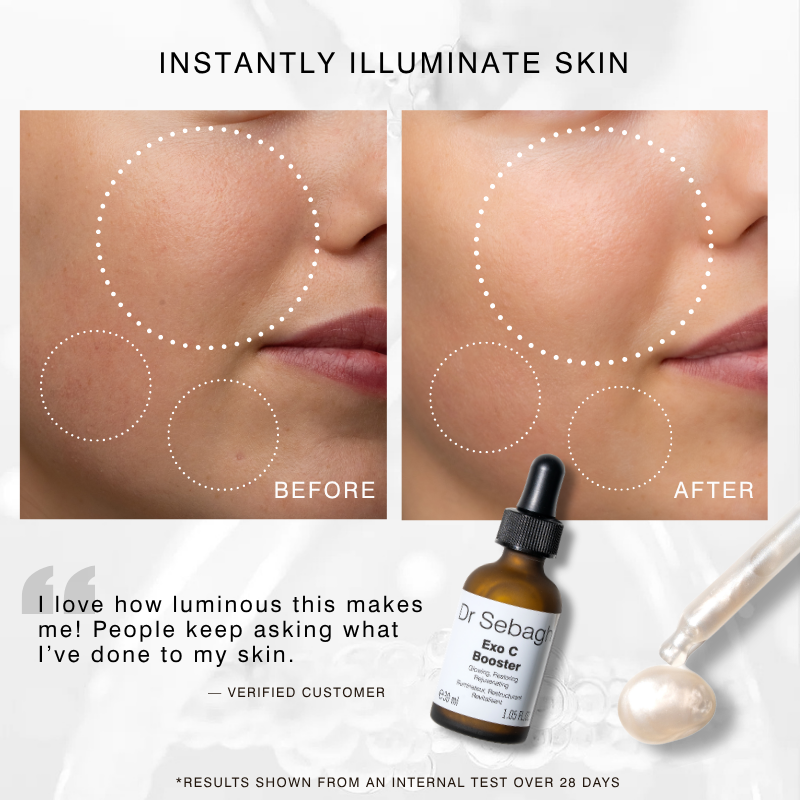Before and after and a customer quote showing the results of the immediate glow Dr Sebagh Exo C Booster delivers