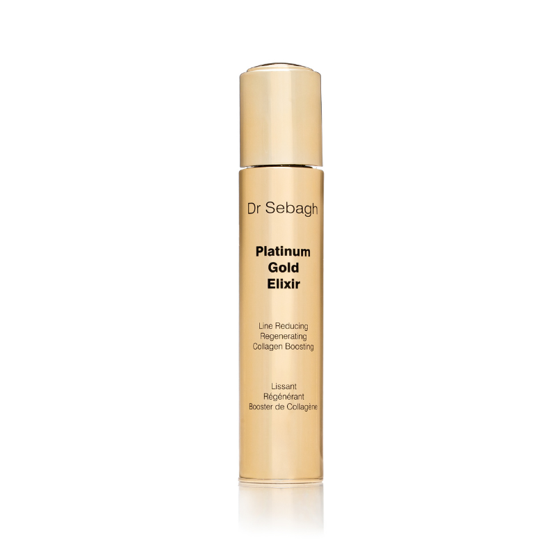 Dr Sebagh Platinum Gold Elixir anti-ageing peptide serum in gold pump bottle, line-reducing and collagen-boosting treatment for firmer, smoother, radiant skin.