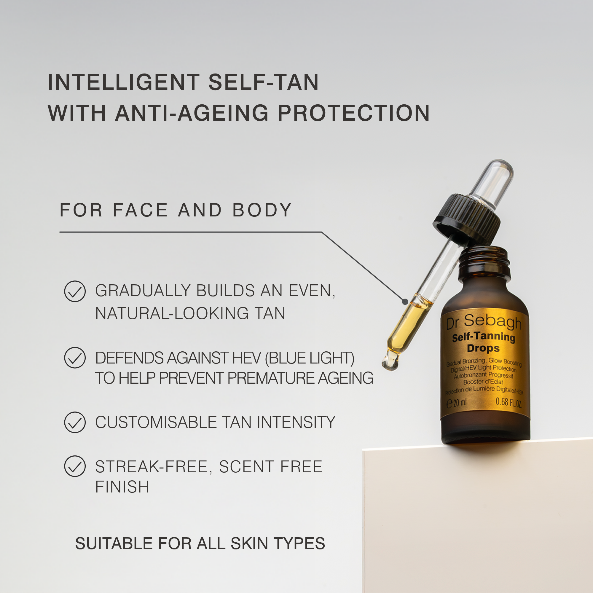 A bottle of Dr Sebagh Self-Tanning Drops with a glass dropper, shown next to marketing text highlighting its intelligent self-tanning and anti-ageing protection features.