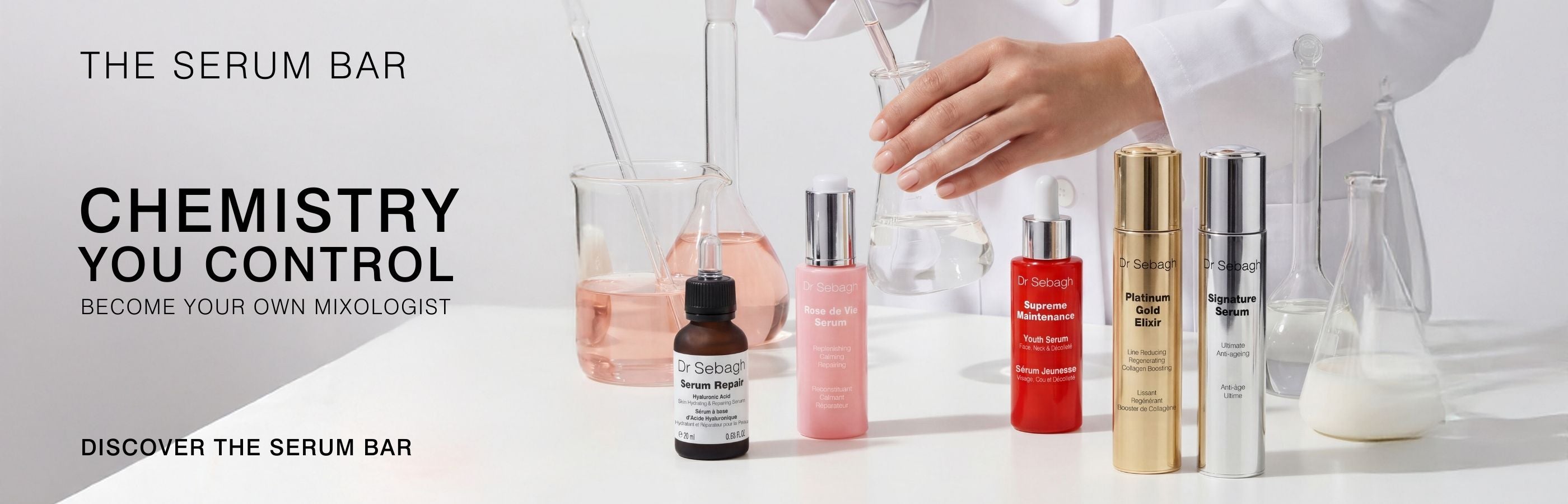 Chemistry you control, the Dr Sebagh Serum Bar, a model mixing her bespoke serum blend.