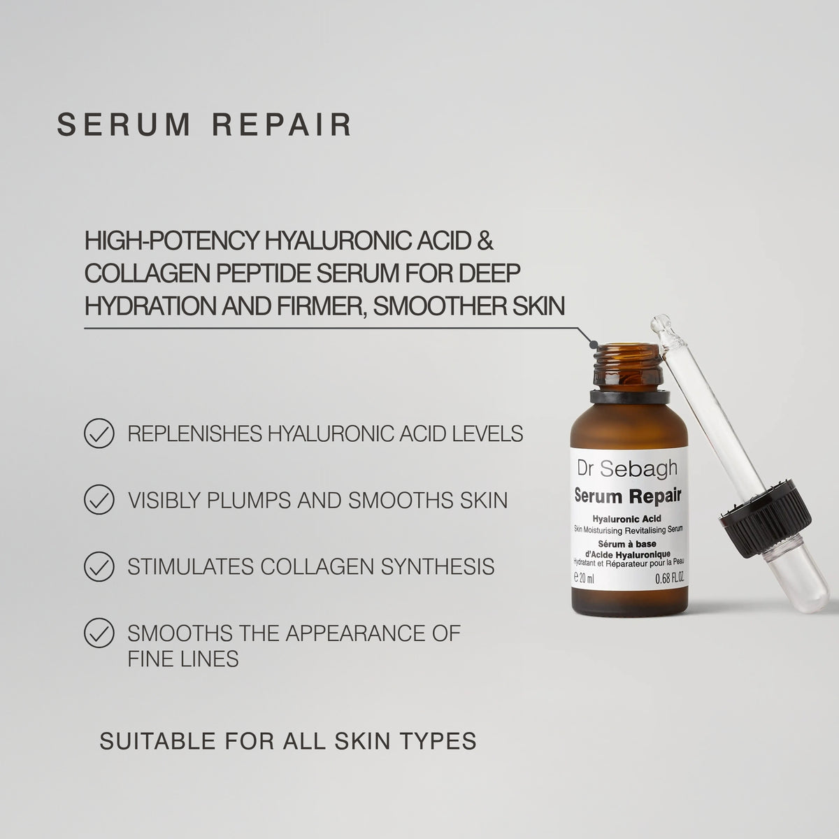 Serum Repair skincare bottle and dropper on a light gray background with promotional text describing high-potency hyaluronic acid and collagen peptide serum benefits.