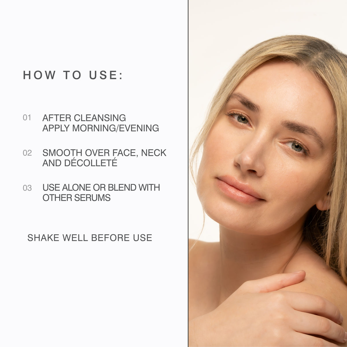 Instructional skincare graphic on Dr sebagh Signature Serum  with the heading 'HOW TO USE:' and three numbered steps on the left, alongside a close-up photo of a woman on the right showing the product applied to her face and neck.