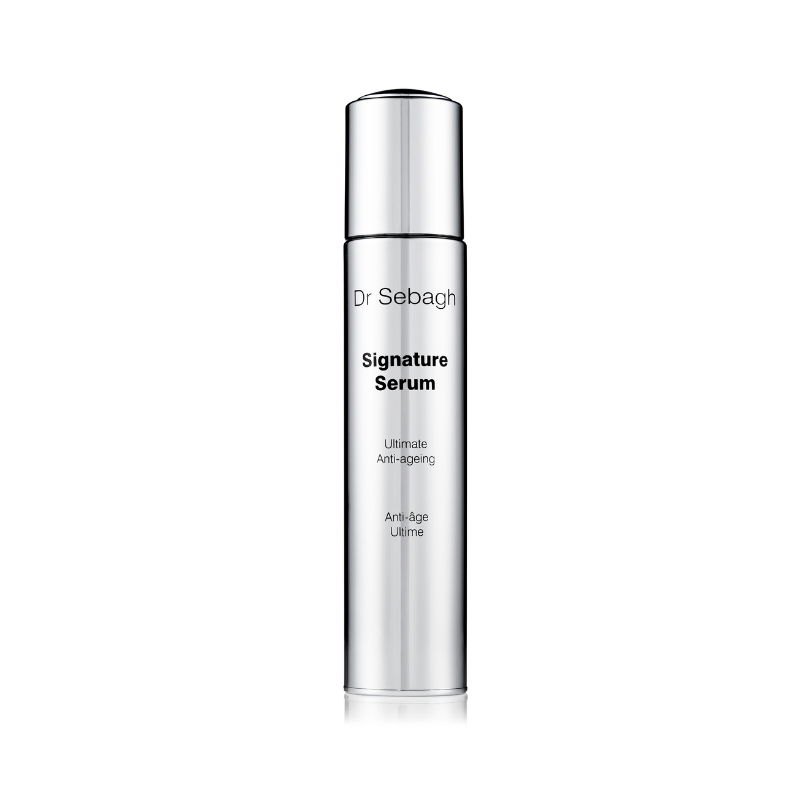 Dr Sebagh Signature Serum anti-ageing serum in silver pump bottle, high-performance treatment for fine lines, firmness and skin rejuvenation.