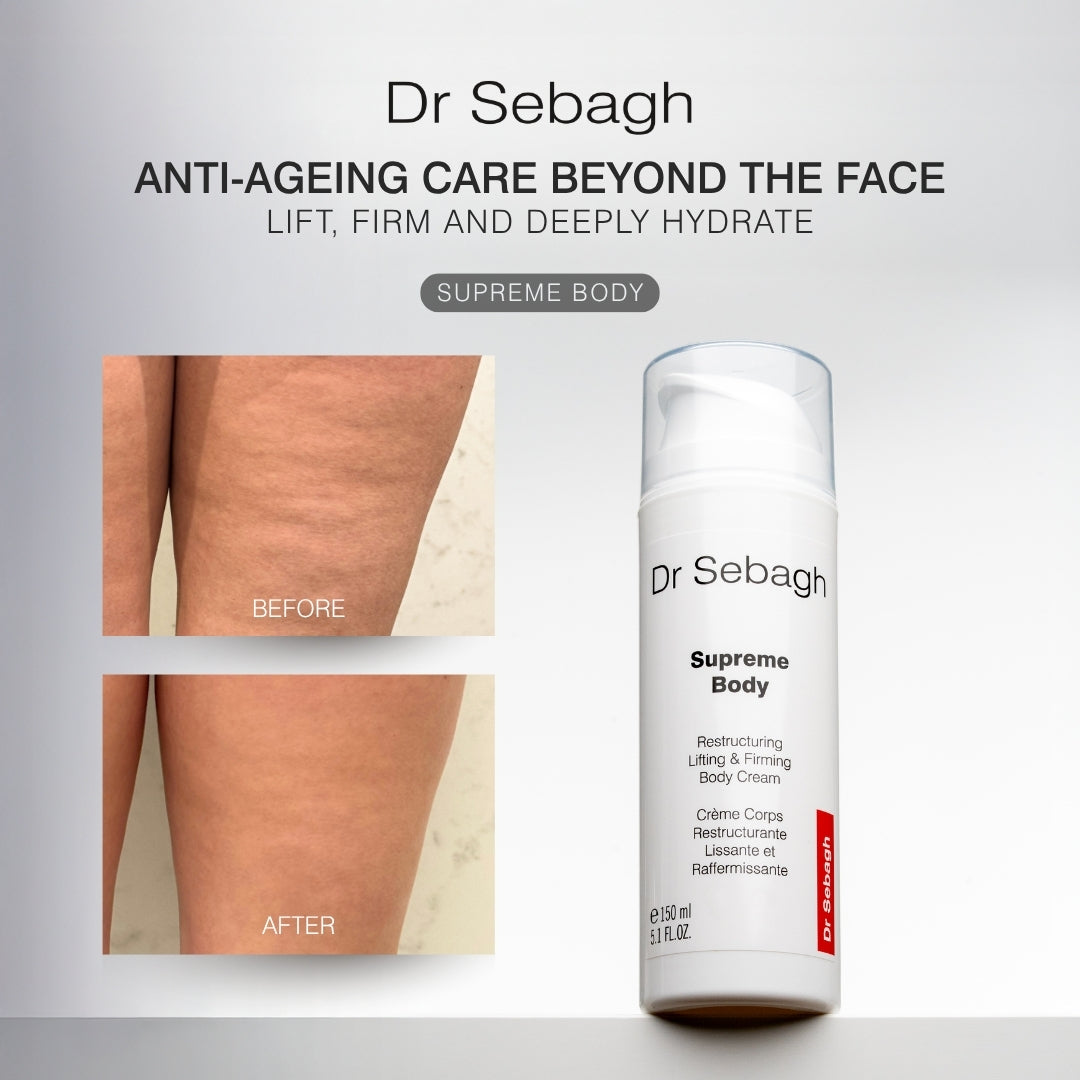 Dr Sebagh Supreme Body cream with before and after skin comparison on a gray background