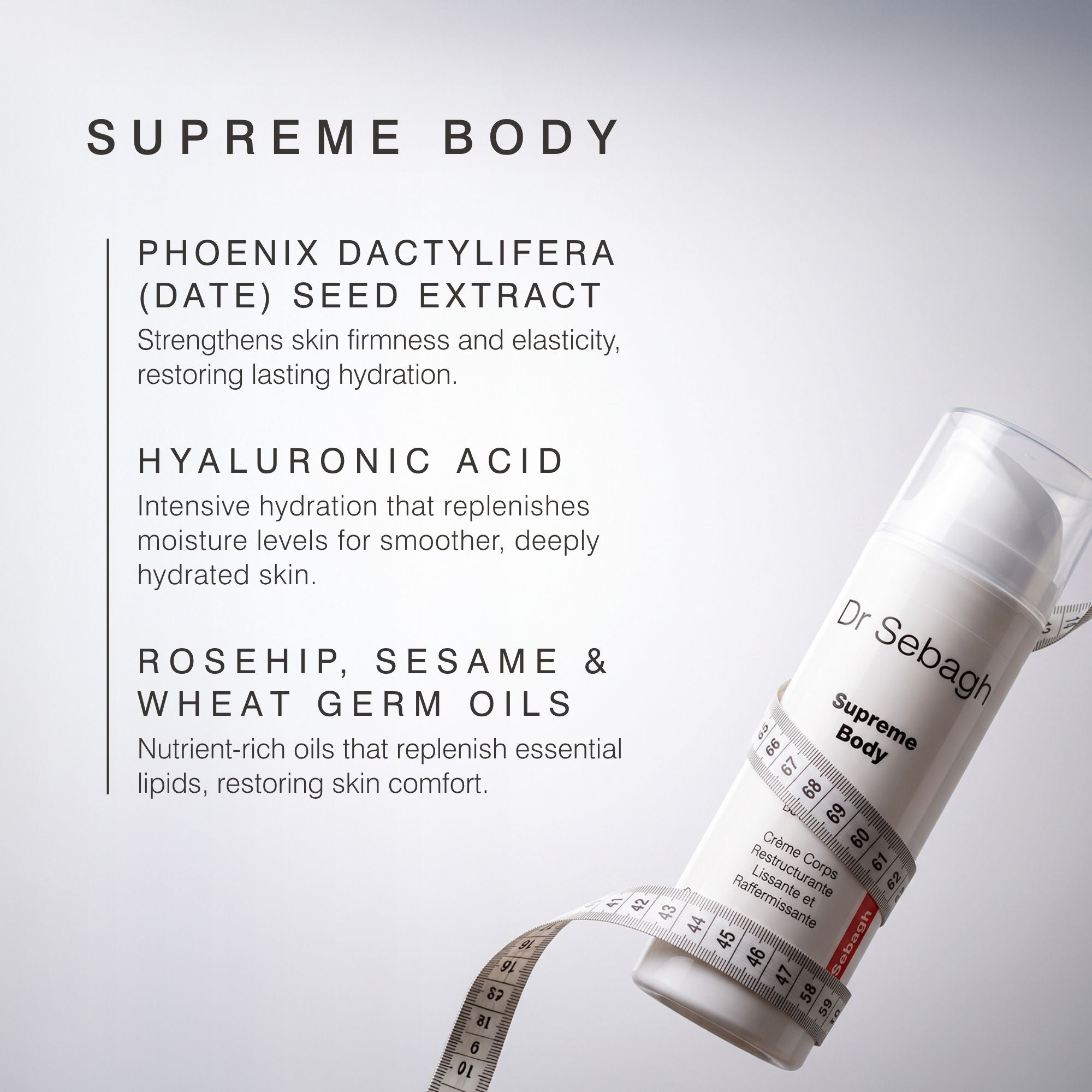 Dr Sebagh Supreme Body body oil in a white cylindrical tube with a clear cap, shown on a light gray background with product ingredients listed on the left.