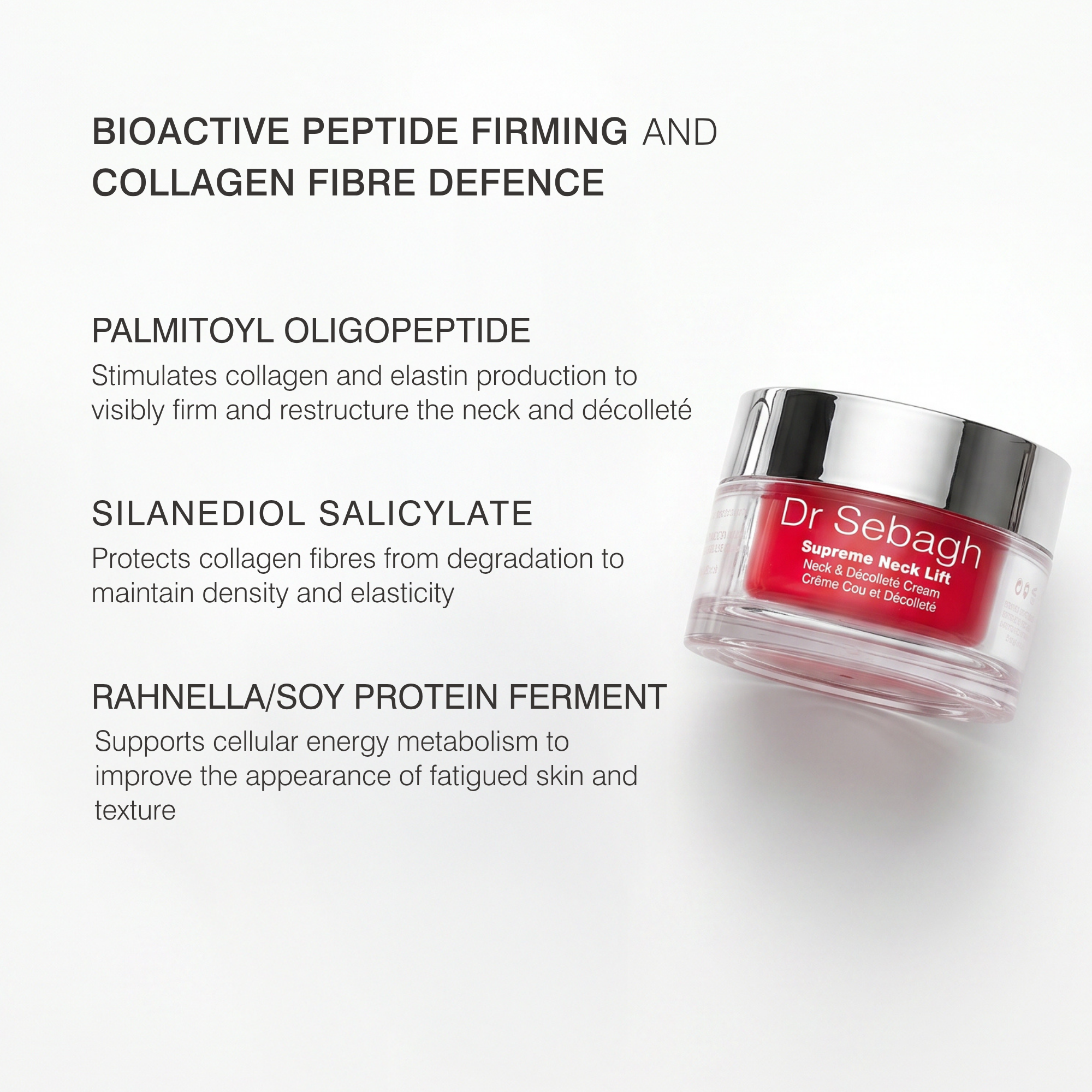 Dr Sebagh Supreme Neck Lift shown in a jar with a red label and silver lid, set on a white background with text detailing its active ingredients.