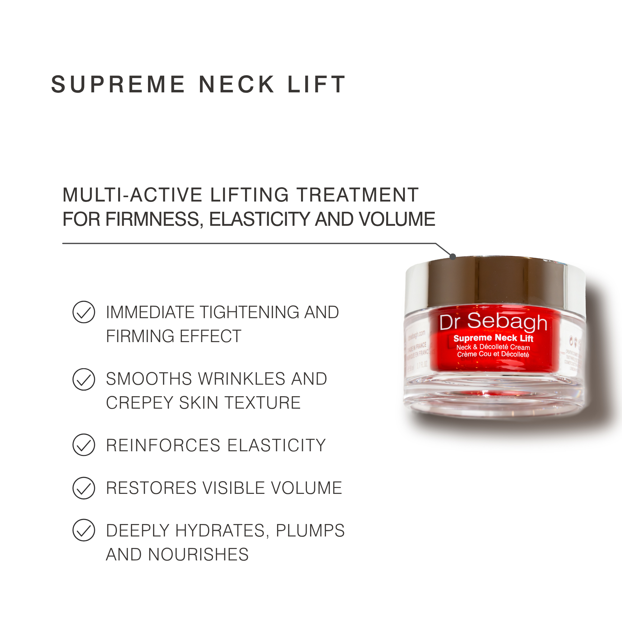 Dr Sebagh Supreme Neck Lift cream jar shown on a white background with marketing text describing multi-active lifting treatment benefits.