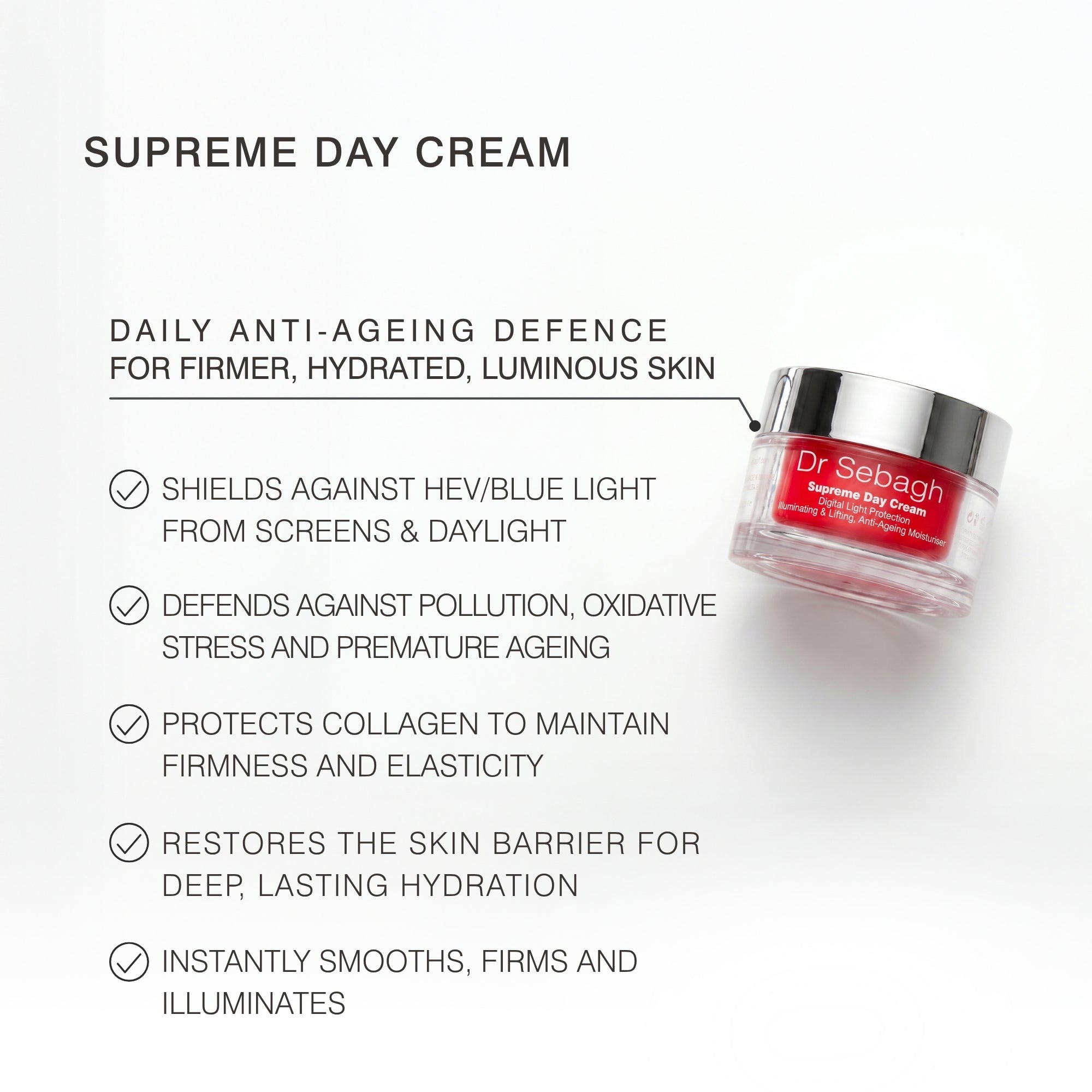 Dr Sebagh Supreme Day Cream jar shown on a light gray background with marketing text listing daily anti-ageing benefits.