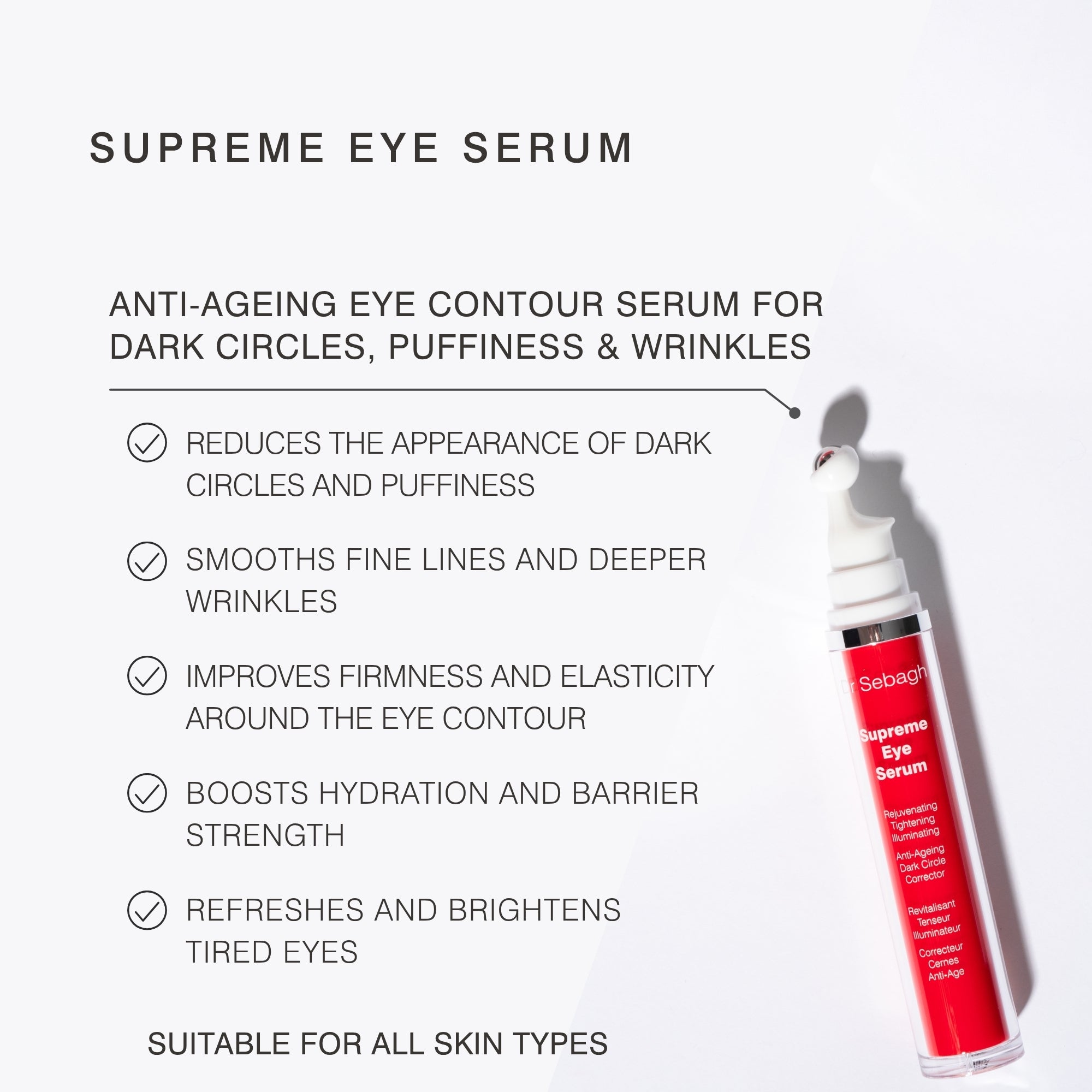 Dr Sebagh Supreme Eye Serum anti-ageing eye contour serum shown on a white background with descriptive text highlighting its benefits for dark circles, puffiness, and wrinkles.