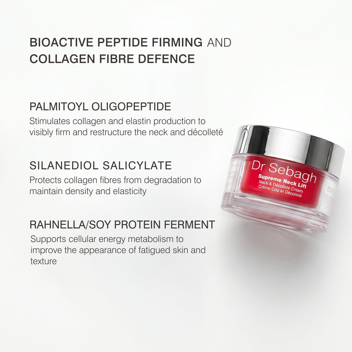 Dr Sebagh Supreme Neck Lift Cream shown in a clear jar with a red label and silver lid, set on a white background with text detailing its active ingredients.