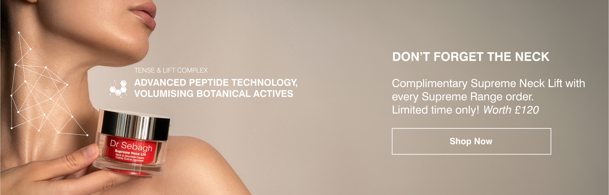 Dr Sebagh Supreme Neck Lift cream promotion with model showcasing neck skincare and complimentary gift offer March